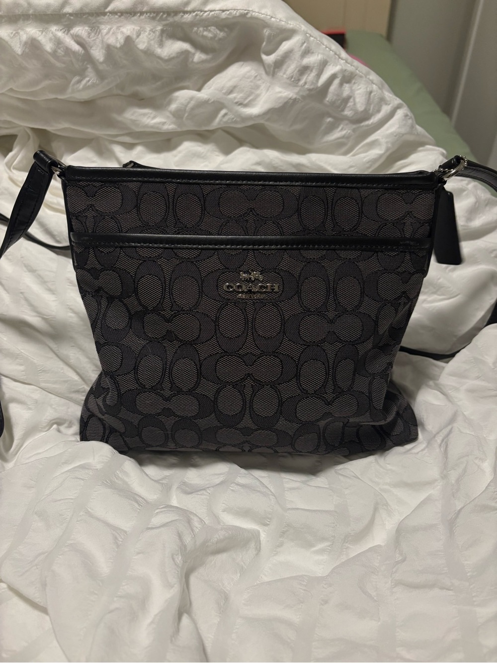 Coach Signature Black Crossbody Bag; adjustable strap